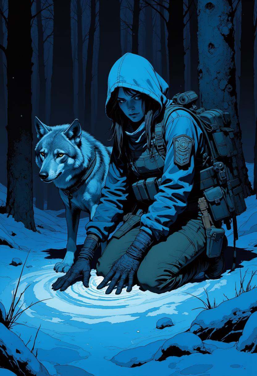 A digital drawing featuring a lone futuristic,  rugged female warrior kneels in a dark,  snowy forest at dusk on Tensor.Art