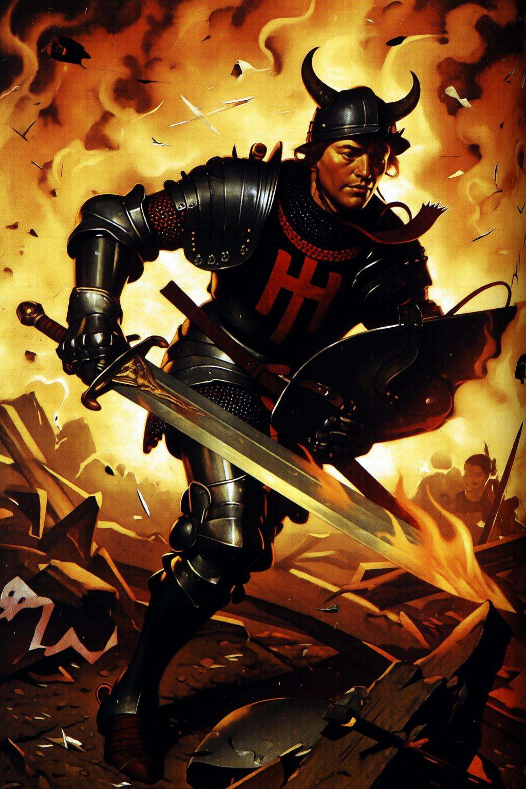 normanrockwell2q illustration. A formidable knight clad in dark armor and horned helmet,  charges fearlessly through a cat...