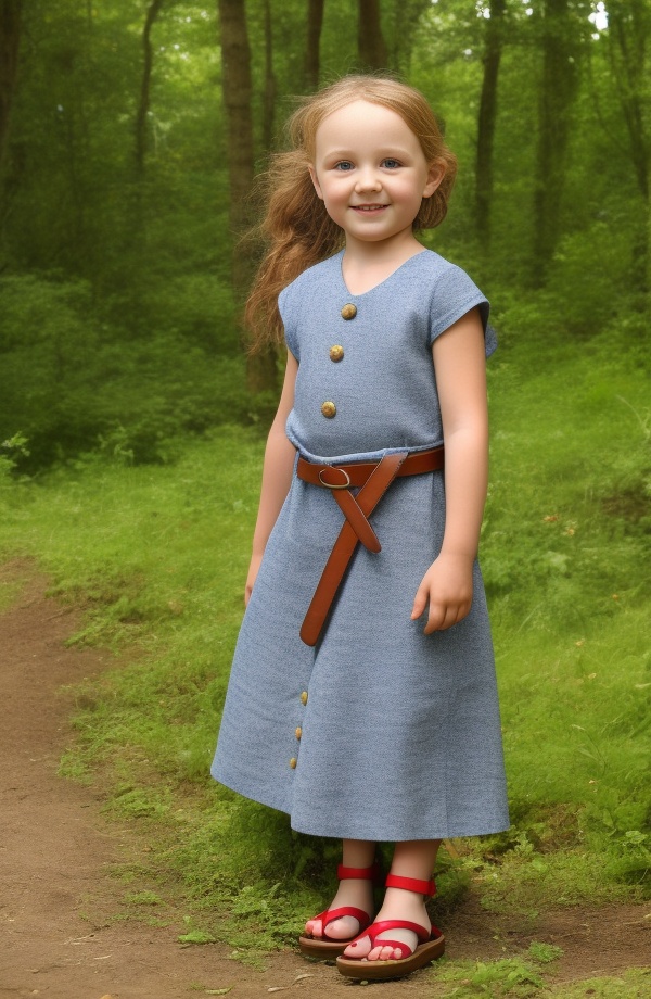 6 yo cute child girl,  Long linen dress with leather belt,  buckles and buttons on Tensor.Art
