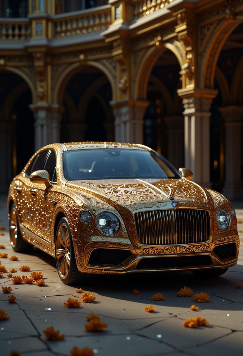 This is a highly detailed,  photorealistic picture of a very luxurious car with gold intricate patterns on the body on Ten...