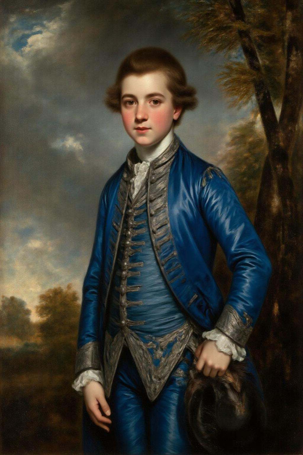 jore1 gainsbo1 painting. An elegant portrait of a young boy dressed in a striking blue silk outfit from the 18th century,...