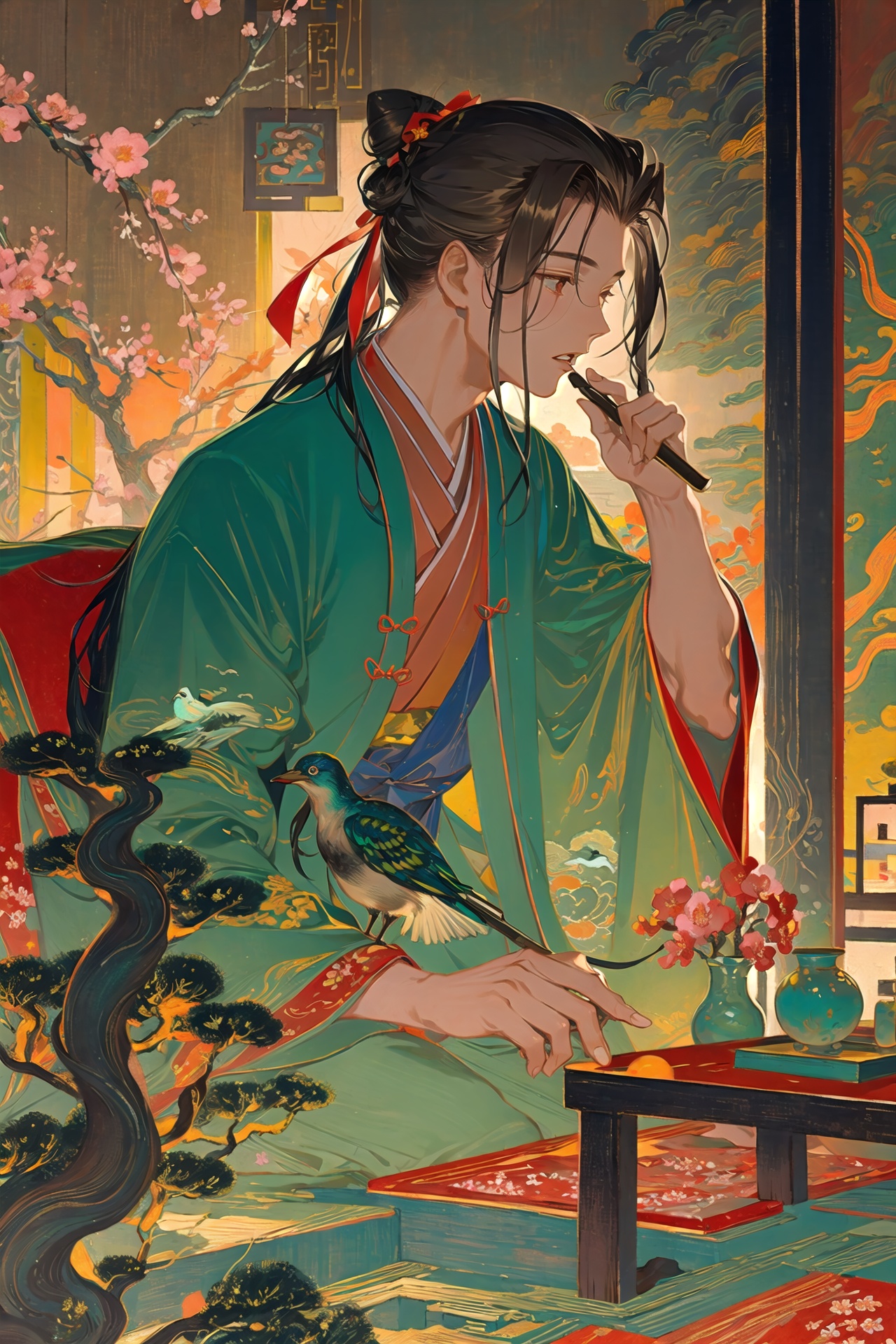long hair,  chinese clothes,  flower on Tensor.Art