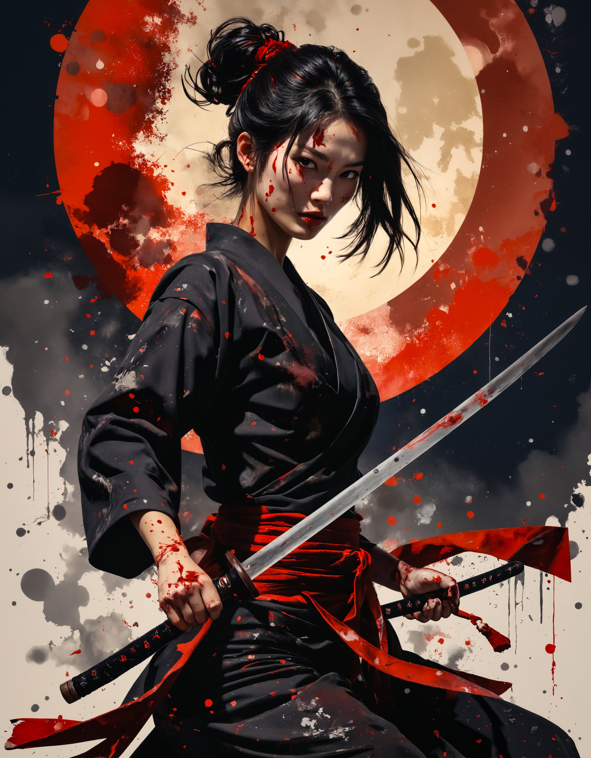 splash art,  portrait of beautiful oriental swordswoman,  clad in black on Tensor.Art