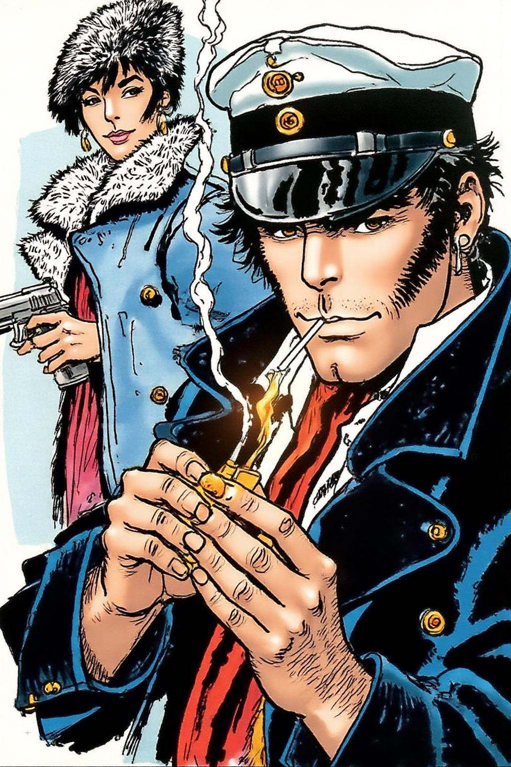 hugop1 illustration.illustration in a comic book style,  The primary figure is a man with piercing eyes and a stern expres...
