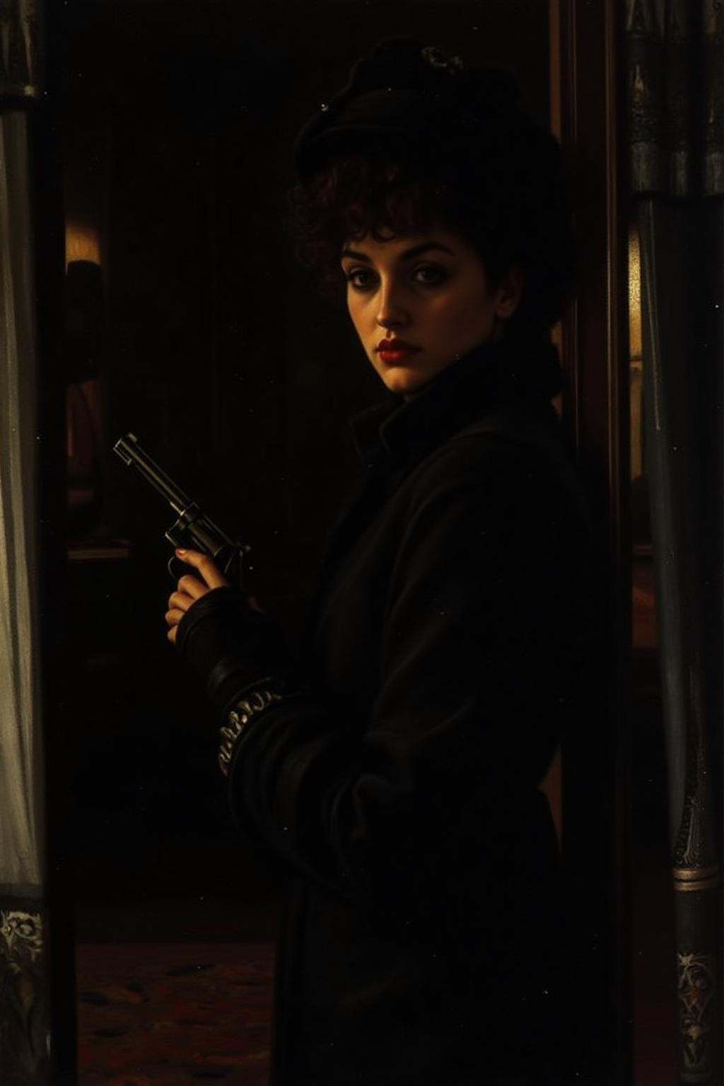 jati1 paintinga mysterious woman with dark,  wavy hair and piercing eyes stands in the shadows of a dimly lit room. She is...