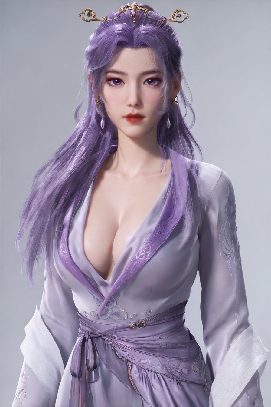 score_9,score_8_up,score_7_up,incredibly absurdres,<lora:SF_YunXiao_Pony-000005:0.8>,1girl,solo,standing,dress,purple hair,breasts,large breasts,red lips,jewelry,hair ornament,earring,looking at viewer,white background,
