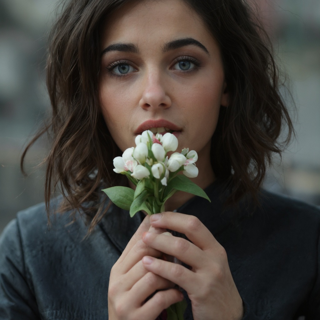 A close-up portrait of naomi_scott with striking blue eyes and wavy brown hair. She holds a cluster of white flowers in fr...