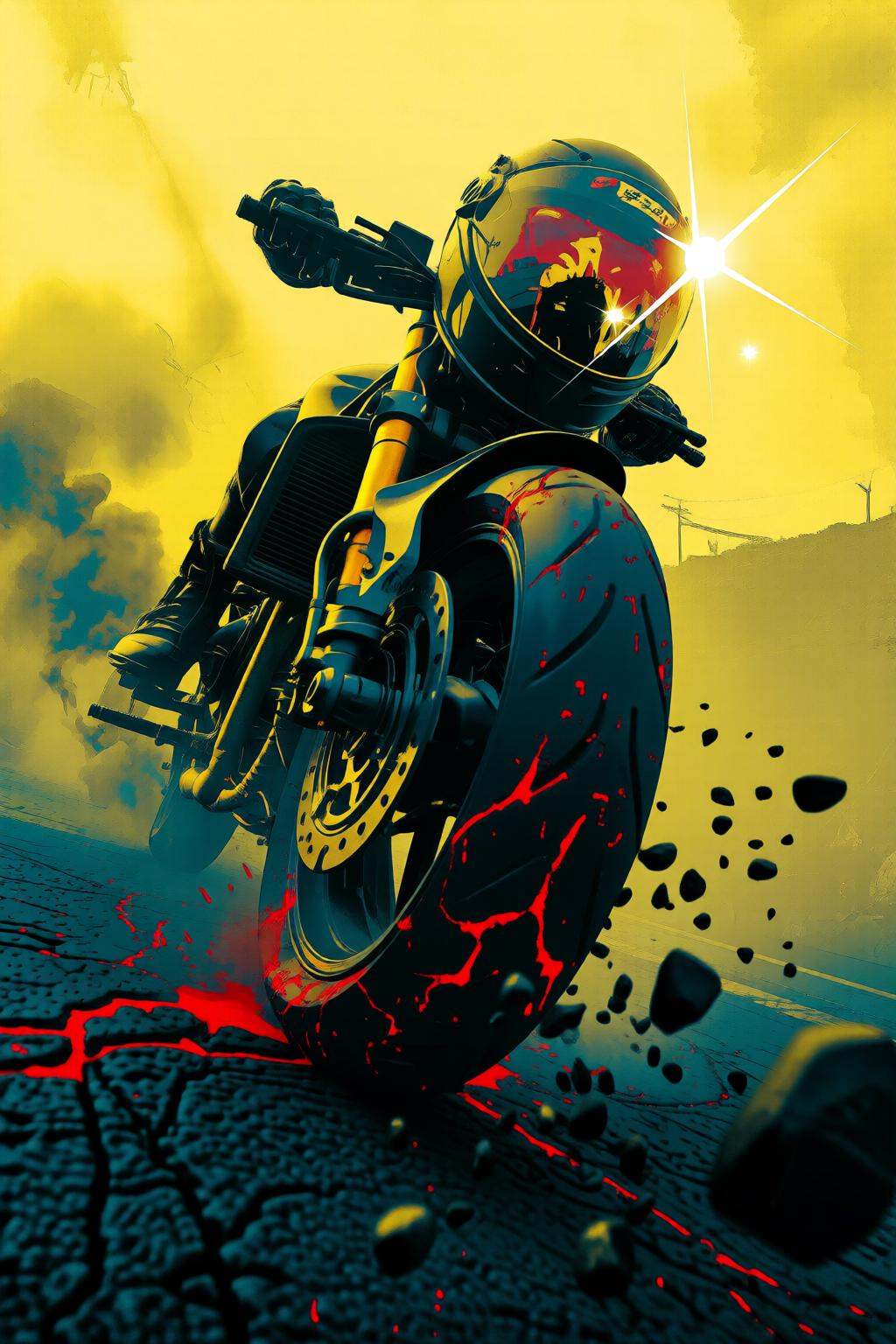 pascalblanche2q illustration. silmas. Extreme low-angle close-up of a motorcycle's rear wheel mid-drift,  molten rubber se...