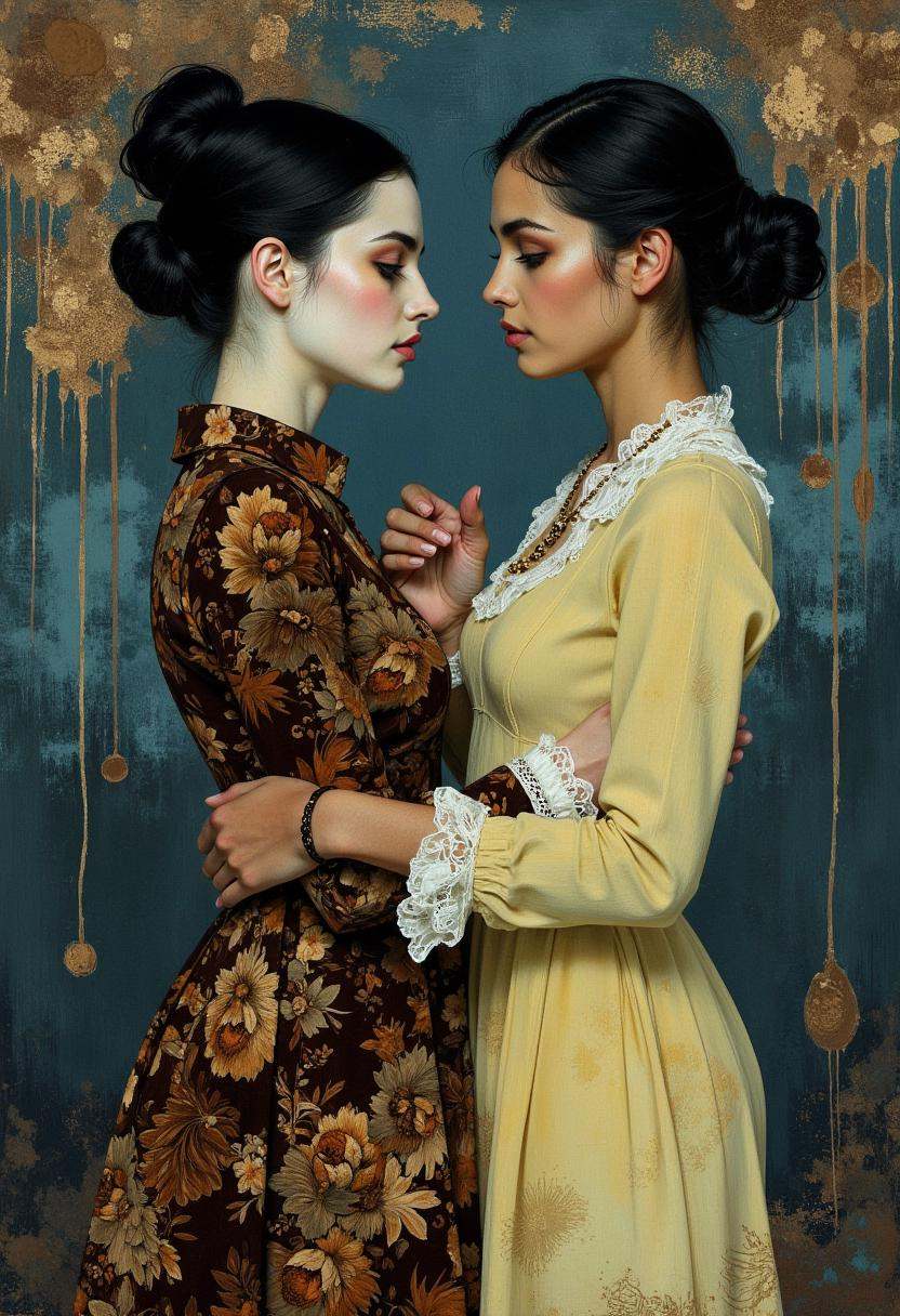 a digital artwork featuring two women in a surreal,  ethereal setting. The background is a textured,  abstract mix of deep...