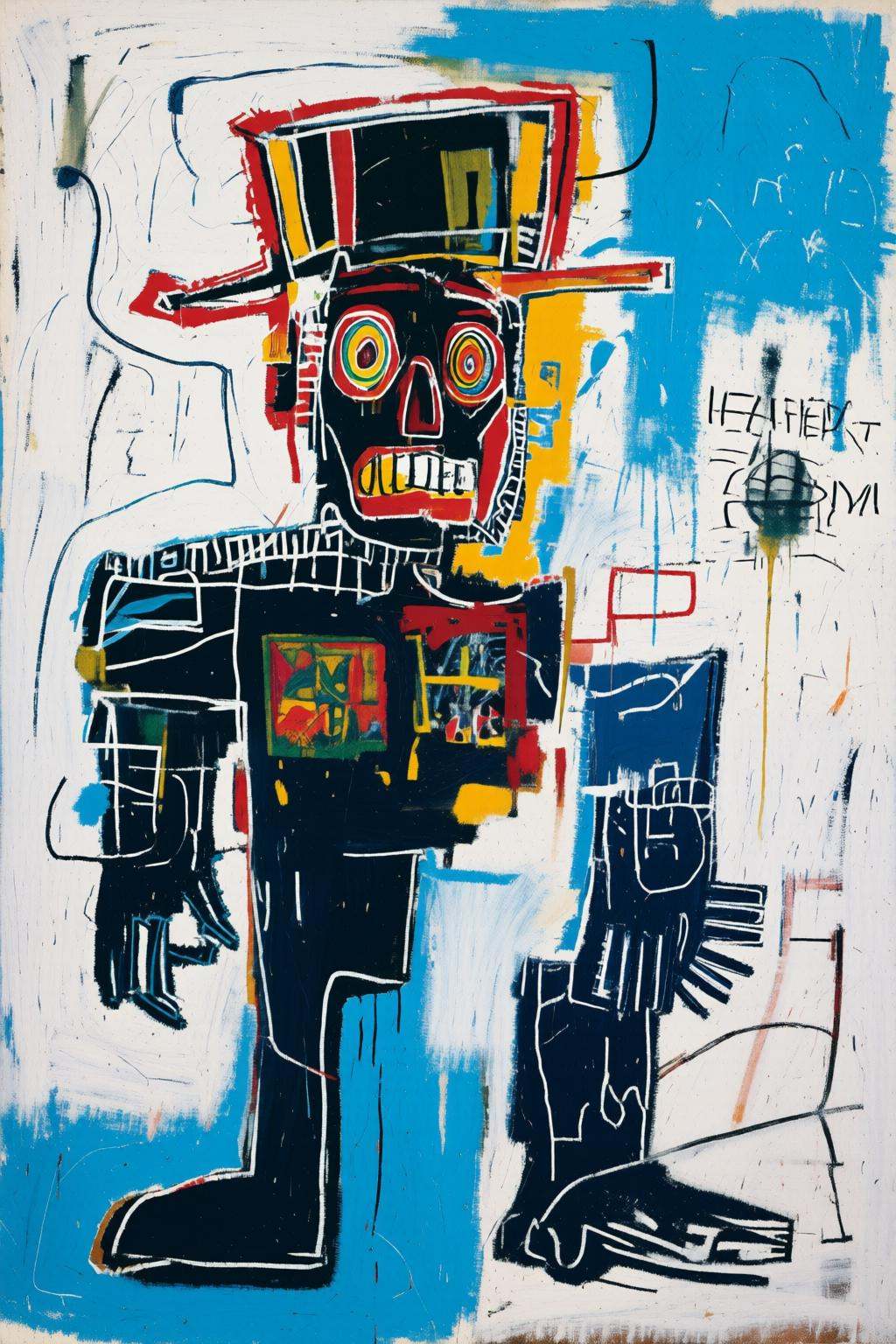 jeanmichelbasquiat2q painting.A robot or humanoid,  made of fragmented,  irregular shapes. It is weaing a top hat. on Tens...