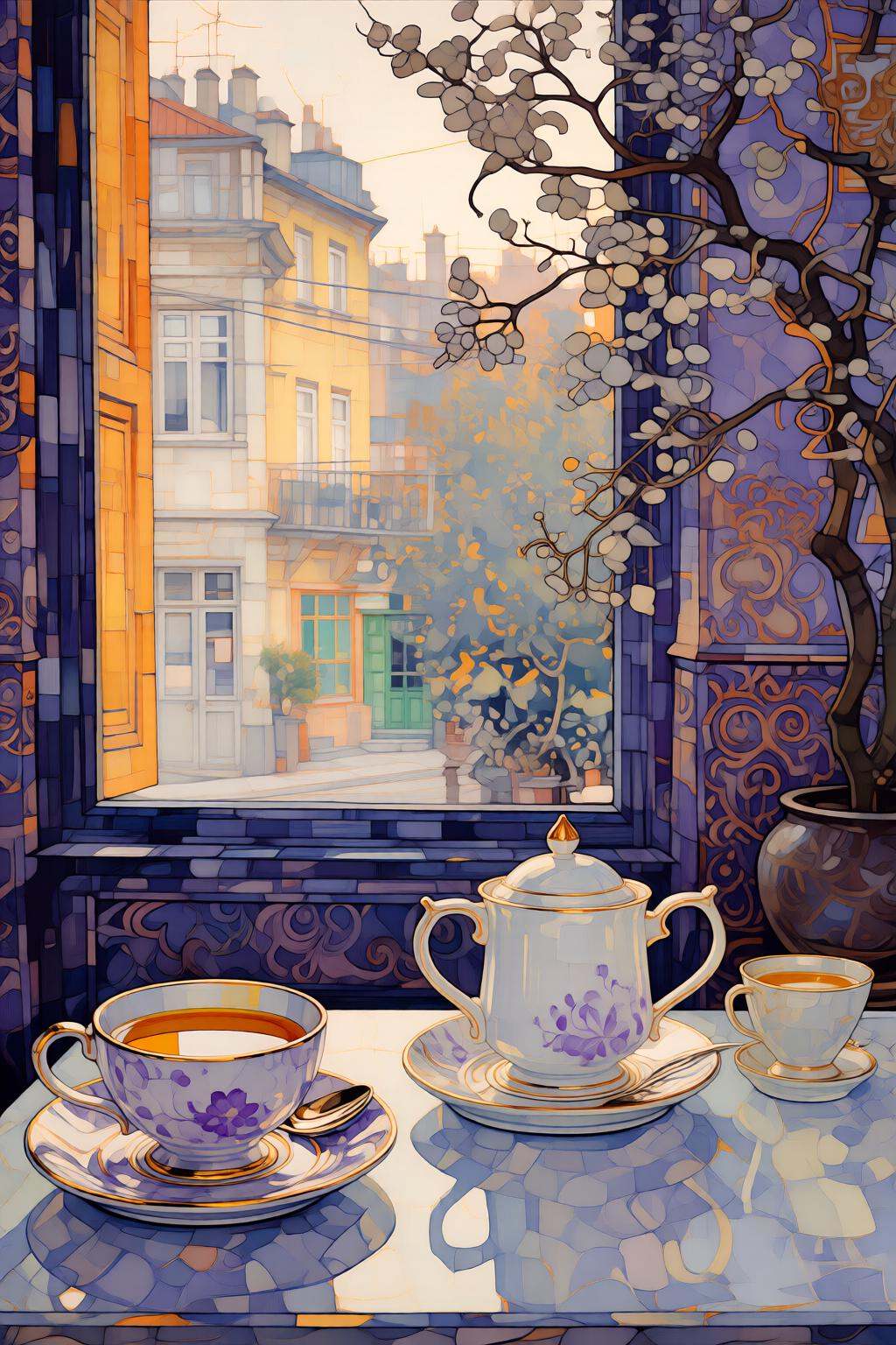 kaoruyamada2q painting. A serene tea-time scene with a window as the focal point. Outside the window,  a quaint street vie...