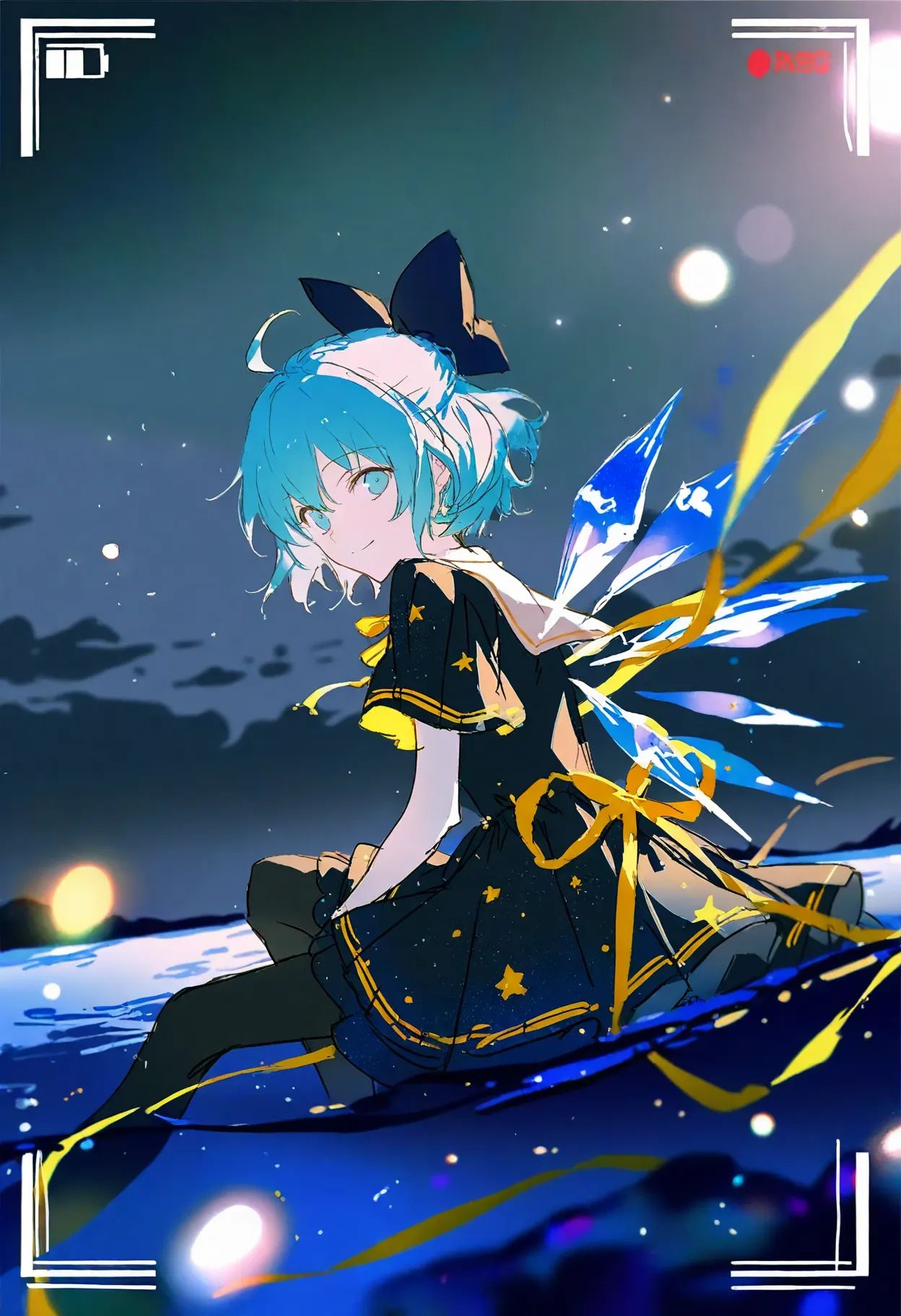 solo, 1girl, cirno, outdoors, masterpiece, black skirt, smile, pleated skirt, black tights, ahoge, alternate costume, frills, looking back, leaned forward,looking at viewer, black dress, pantyhose, black pantyhose, sitting, gold bows, gold ribbon, gold trim, outdoors, night, moonlight, black dress, star print pattern, star pattern, star, starry sky, cloudy sky, cloud, scenery, night,light particles,light and shadow,overexposure,contour deepening,lens flare,depth of field, (very vibrant colors:0.8), very high contrast, sketch, vivid colors, (saturated:1.0), colorful, very high colorfulness, deep blue hues, submerged, pressure, cold atmosphere, dark atmosphere, rella, konya karasue, view finder, scratch art, color tracing