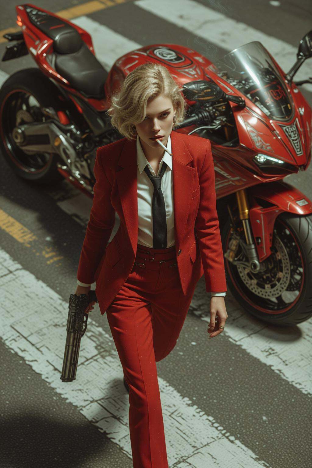 midjourneymix10q photograph. Overhead shot of a Blonde woman walking away from a futuristic motorcycle parked at a zebra c...