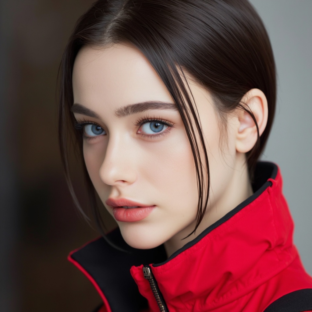 A close-up portrait of dasha_taran with striking blue eyes. She has a short,  sleek black bob hairstyle and wears a red ja...