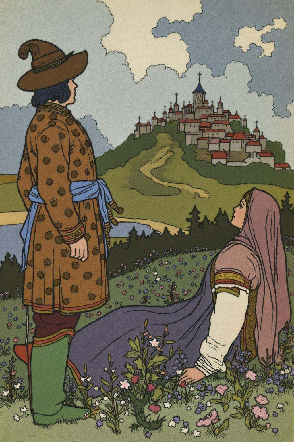 ivanbilibin1 illustration.On the right is a richly dressed man show in side profile view.On the left is a woman wearing a...