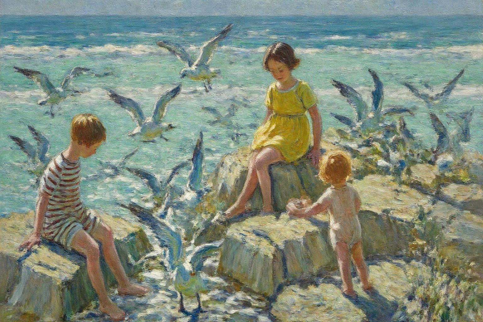 dorotheasharp1 painting.A group of children interact with the ocean in a coastal scene. The children wear casual,  summery...