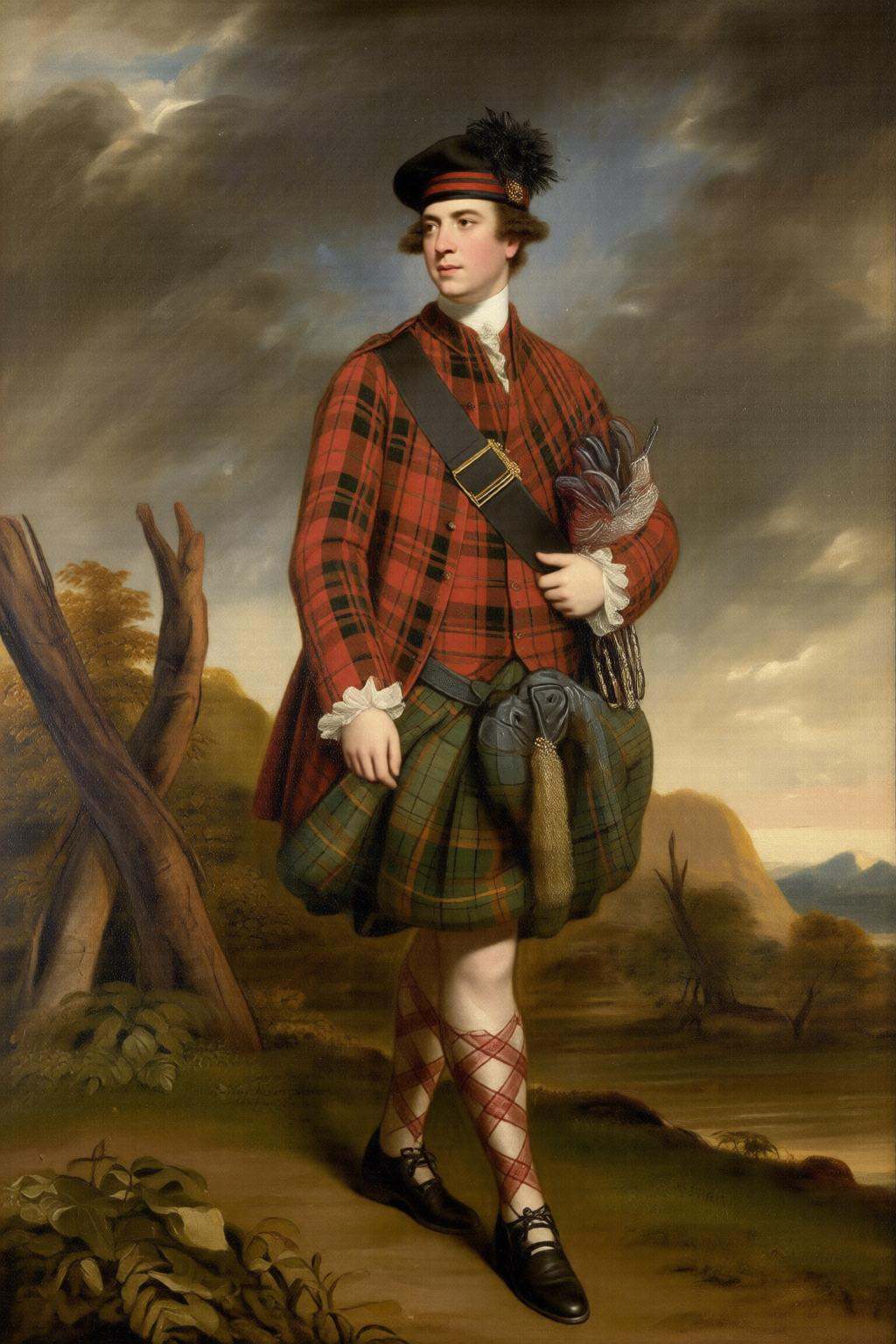 joshuareynolds2q painting.A man in traditional Scottish attire from the 18th century. He is standing outdoors in a rural l...