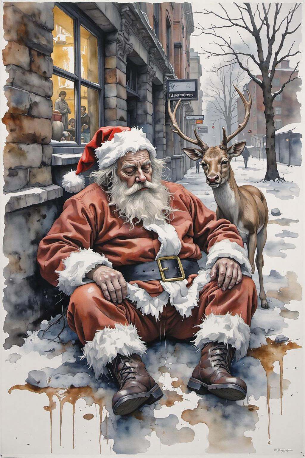 yawc1 watercolor. Homeless Drunk Santa Claus sleeping rough on the street with Rudolph the red-nosed reindeer on Tensor.Art