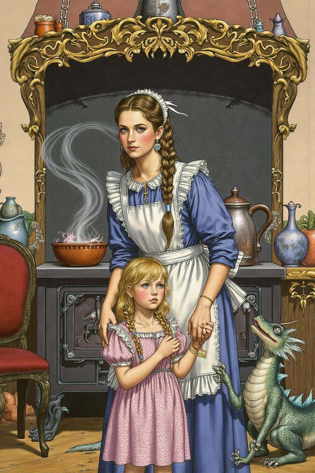 jole1 illustration.Depiction of a young woman and a young girl in a side view. They are in an antique kitchen with a stove...