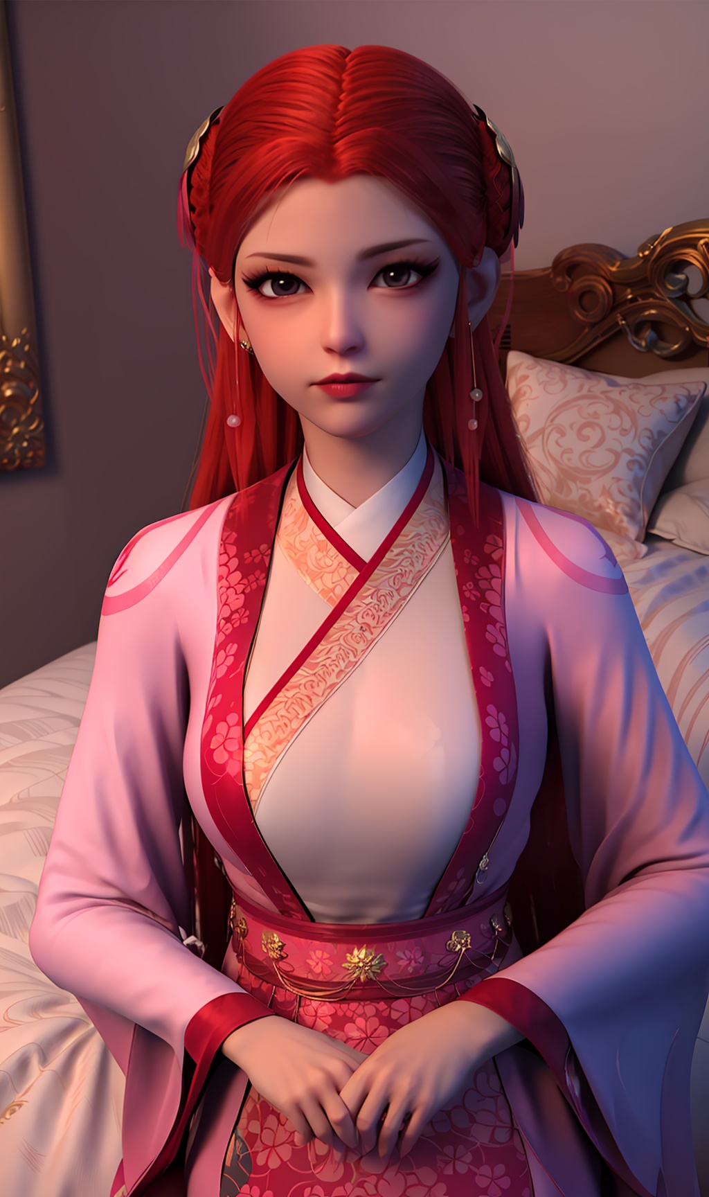 3D,masterpiece,(best quality),(makeup),official art, extremely detailed cg 8k wallpaper,((crystalstexture skin)), (extremely delicate and beautiful),(highly detailed),(face),(1girl), (solo), (jewelry), (earrings),(red_hair),(long_hair),(hair_ornament),(handwear),(breasts),(standing),(collar),,((upper_body)),(dress),,(multicolored_clothes),(multicolored_dress),(closed_mouth),(traditional_clothes),(long_dress),(sunshine, outdoor,bed),((looking_at_viewer)),((Facing the camera)),, <lora:hipoly3DModelLora_v10:0.3>