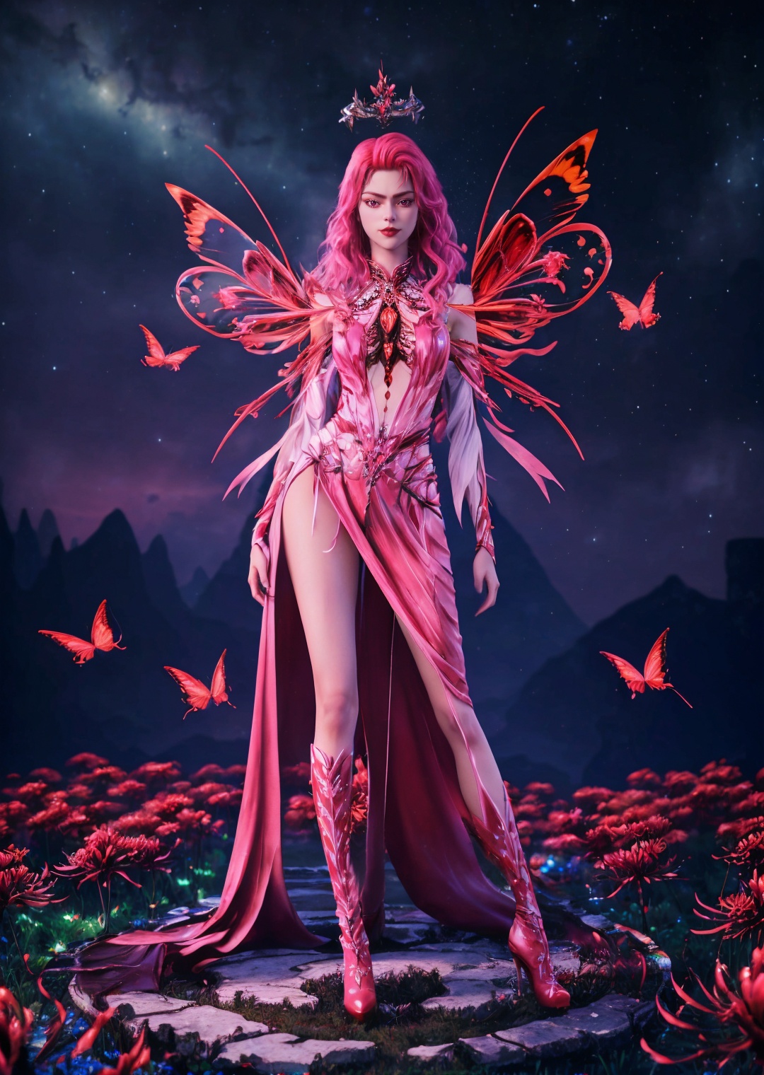 1girl,solo,pink hair,pink eyes,red lips,dress,(angel wings),halo,(bare legs),high heels boots,looking at viewer,starry sky,flower,spider lily,((red butterfly)),fantasy,((light)),((glowing)),full body,(blurry),depth of field,3d,Highly detailed,(ultra-detailed),(best quality,masterpiece:1.5),<lora:xidi:0.7>,<lora:细节调整2.0:0>,