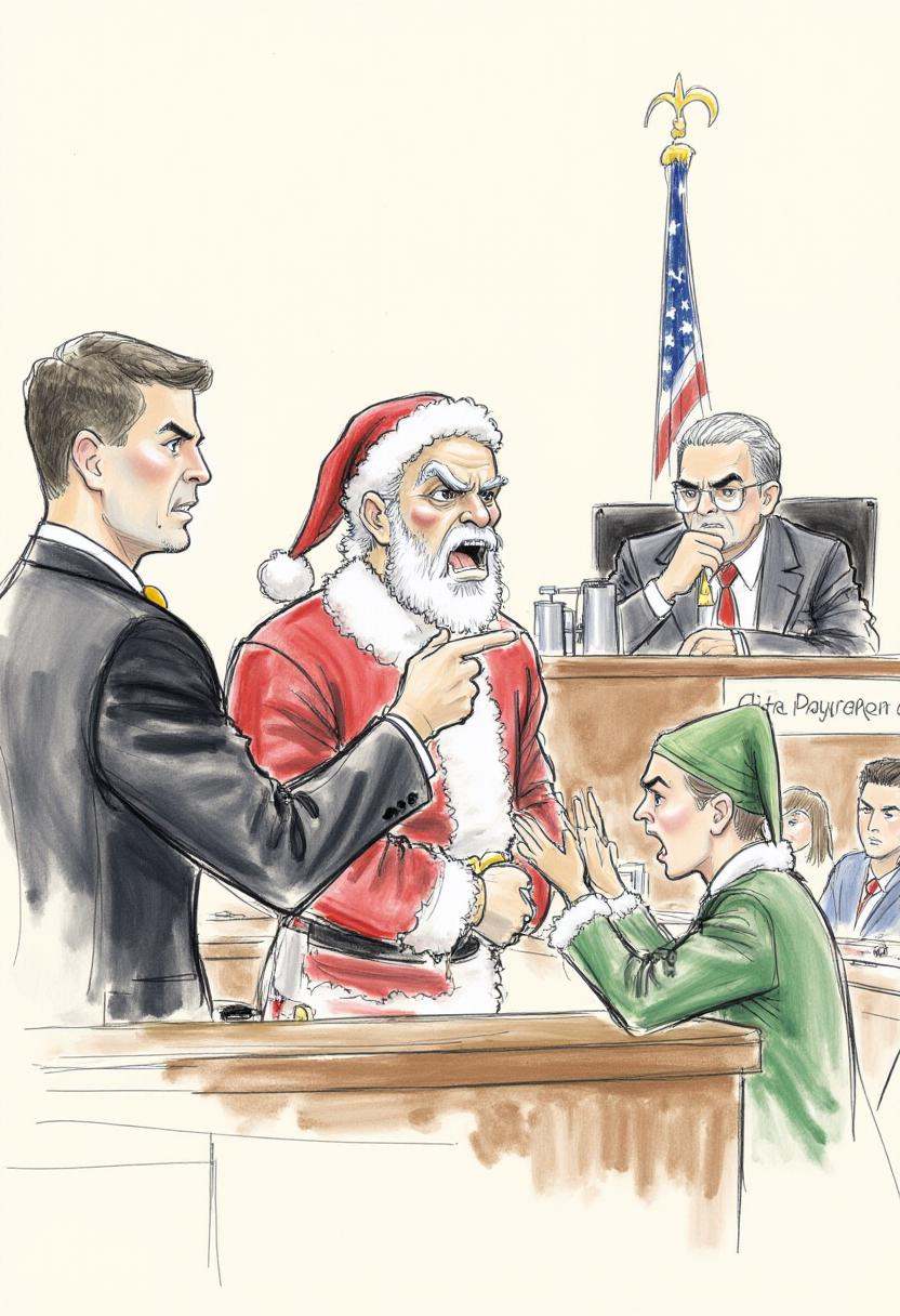 This is a detailed,  hand-drawn courtroom scene in a sketchy,  watercolor style depicting an elf angrily pointing at Santa...