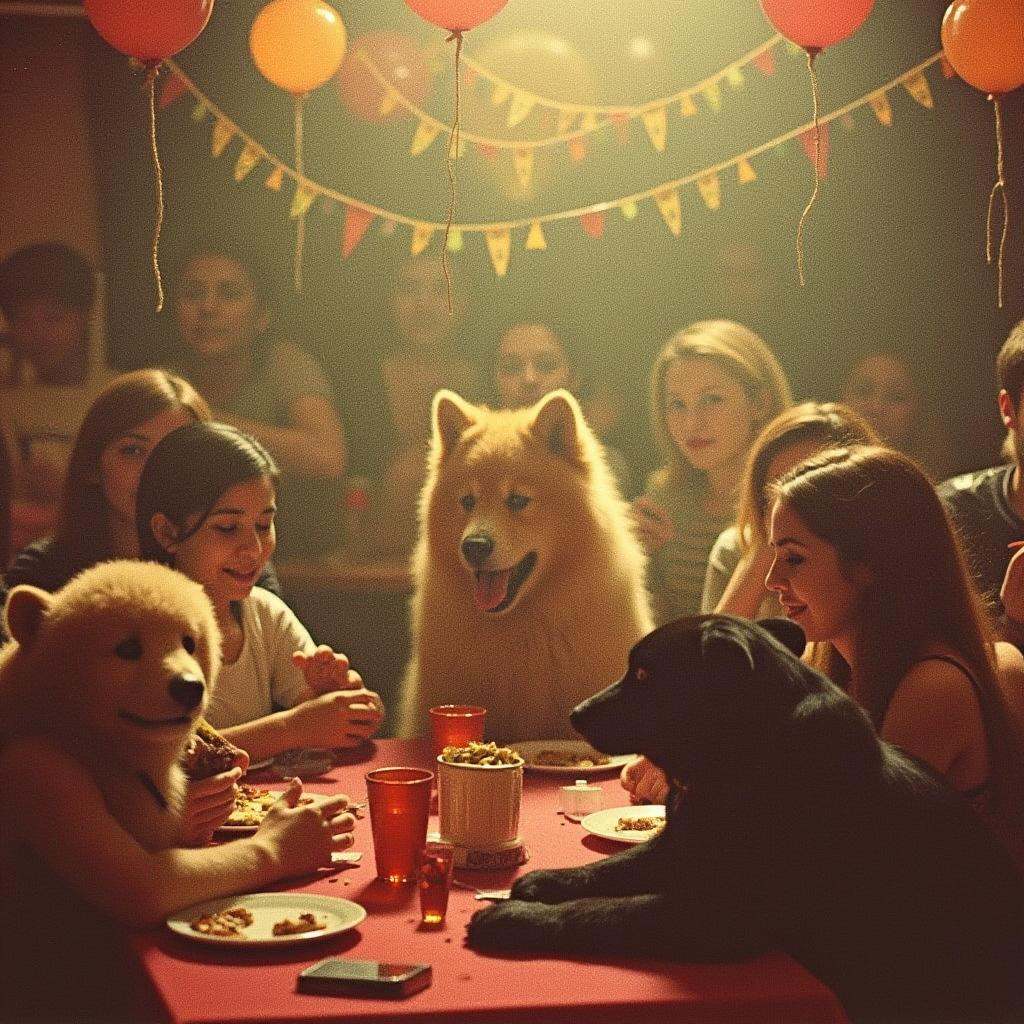 an expired film photograph of a party filled with animals on Tensor.Art