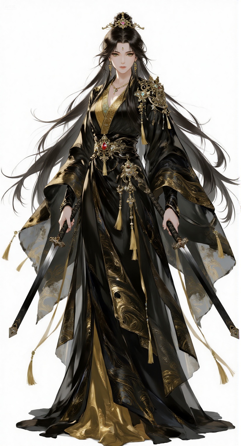 a woman dressed in a black and gold kimono,  adorned with a crown on her head,  is holding two swords in her hands. The wo...