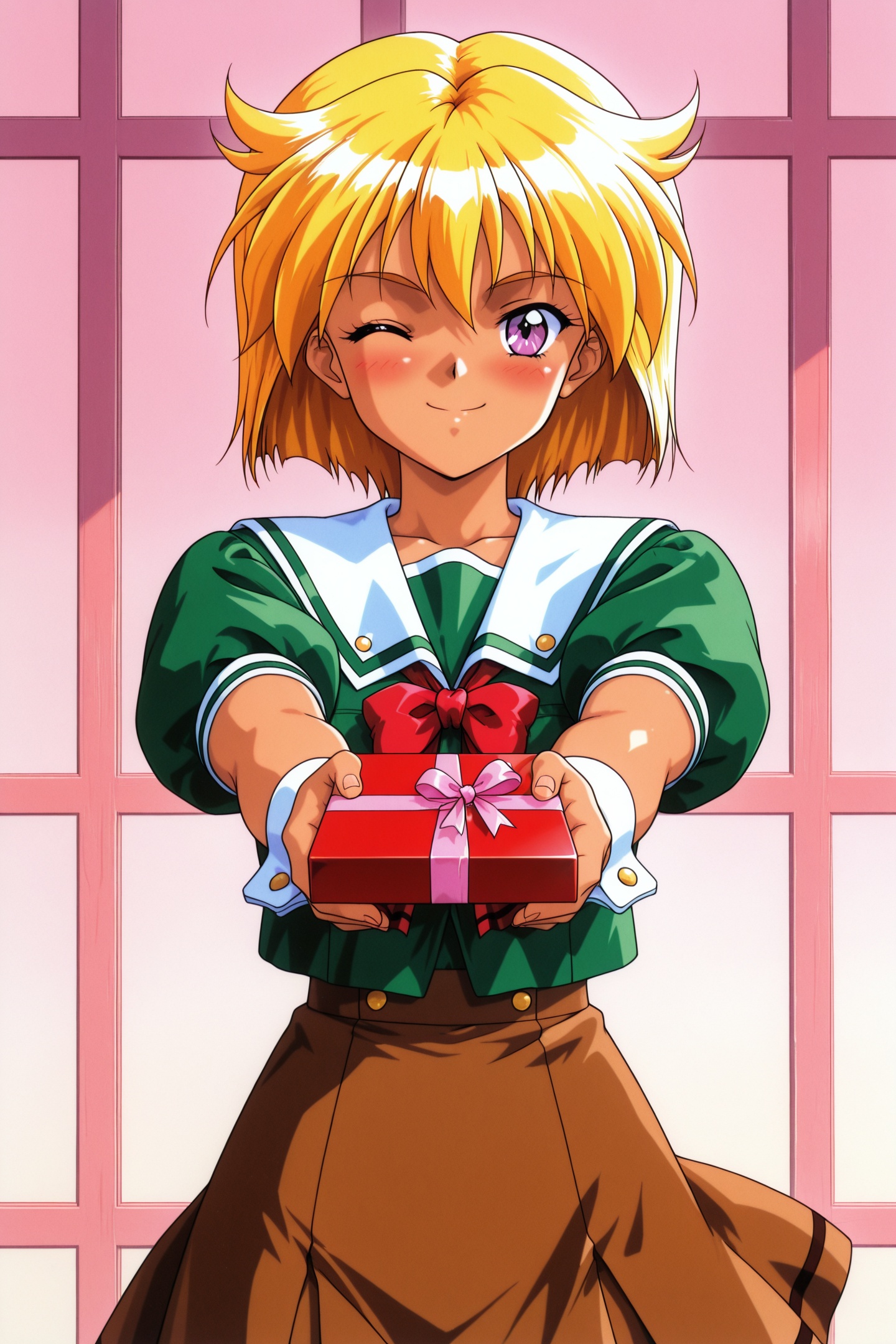 Original Style,Ijuin Mei,1girl,blonde hair,solo,one eye closed,short hair,smile,purple eyes,gift,blush,green school uniform,white sailor collar,looking at viewer,holding gift,box,holding,wrist cuffs,day,short sleeves,valentine,incoming gift,sailor collar,puffy sleeves,1990s \(style\),brown skirt,retro artstyle,<lora:Tokimeki Memorial 2_illustriousXL_v2:1>,