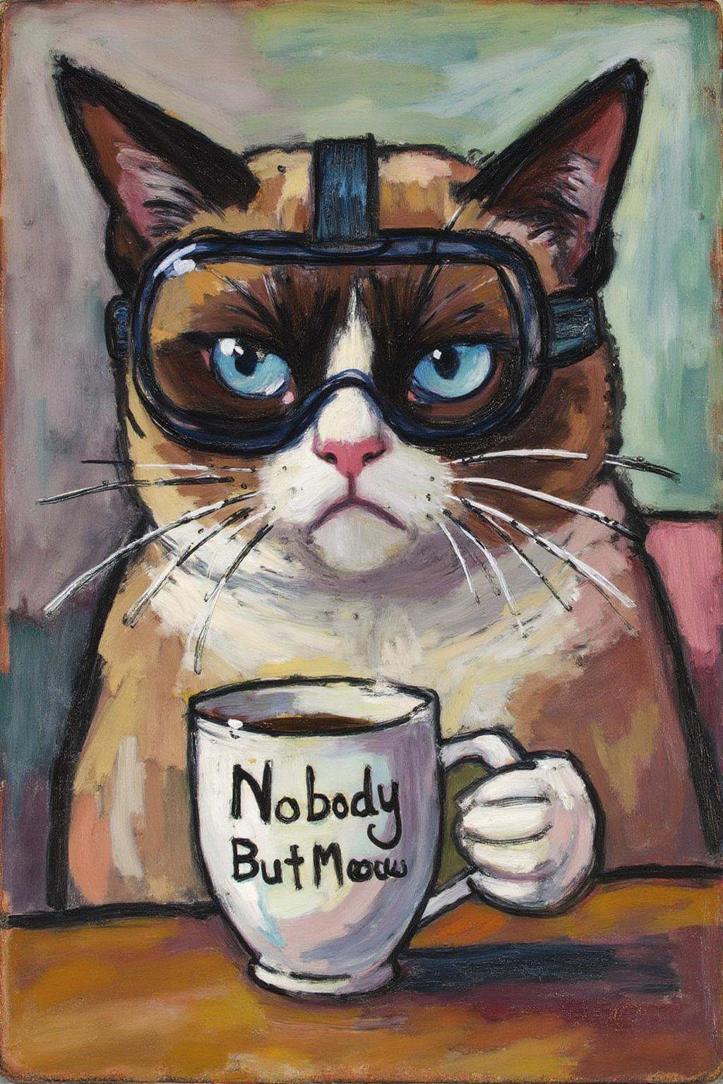 henrylymansayen1 painting.Grumpy Cat holding a coffee mug,  wearing a VR Headset. The mug has the phrase "NobodyButMeow" p...