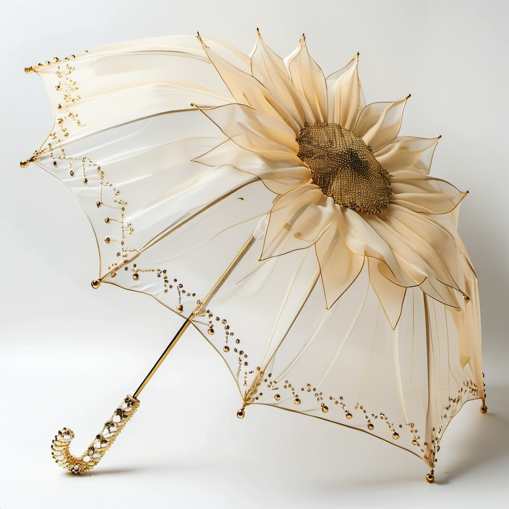 san,umbrella,A snazzy,cream-colored parasol flaunts a massive,eye-catching sunflower design. The petals,crafted from sheer fabric,are decked out with gold bead bling and tiny sequins. The parasol's handle is jazzed up with gold sequins too,adding a posh,vintage vibe. The background is plain white,making the parasol's fancy details and intricate craftsmanship stand out.,,<lora:sanv1:0.8>