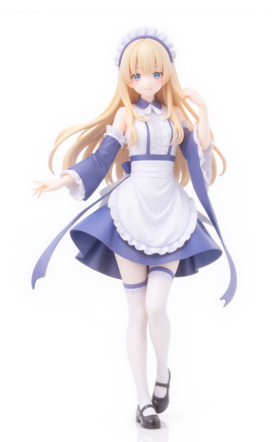 pvcstyle,1girl,long sleeves, blue hairband, dress, white thighhighs, white background, ribbon-trimmed legwear, cosplay, full body, wide sleeves, very long hair, hair ornament, simple background, blonde hair, :d, ribbon trim, breasts, medium breasts, smile, long hair, bare shoulders, black footwear, hairband, solo, standing, thighhighs, hand on own hip, hair between eyes, standing on one leg, x hair ornament, blush, detached sleeves, looking at viewer, roswaal mansion maid uniform, shoes, blue eyes, frills, rem \(re:zero\) \(cosplay\),masterpiece, newest, absurdres, safe<lora:pvcstyle:1>​​​