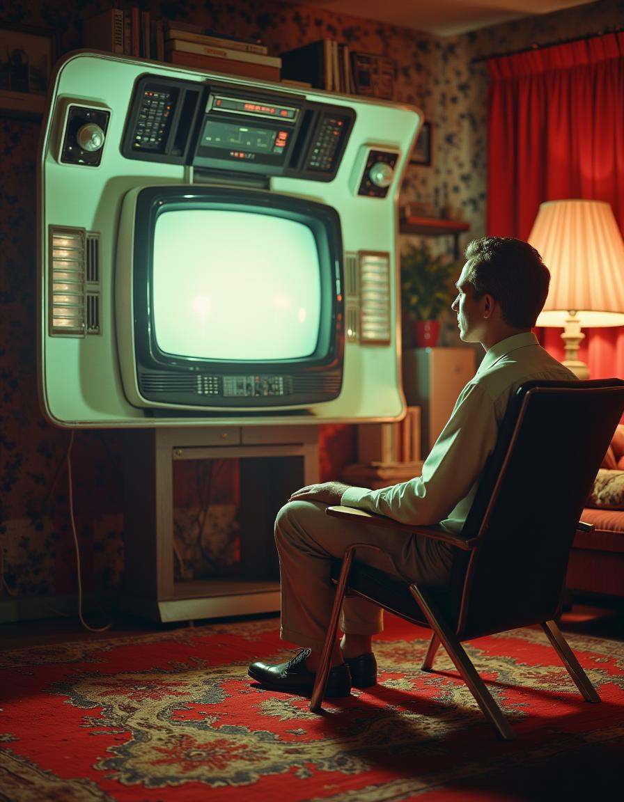 Vintage Sci-fi . a man sitting in a chair watching tv on Tensor.Art