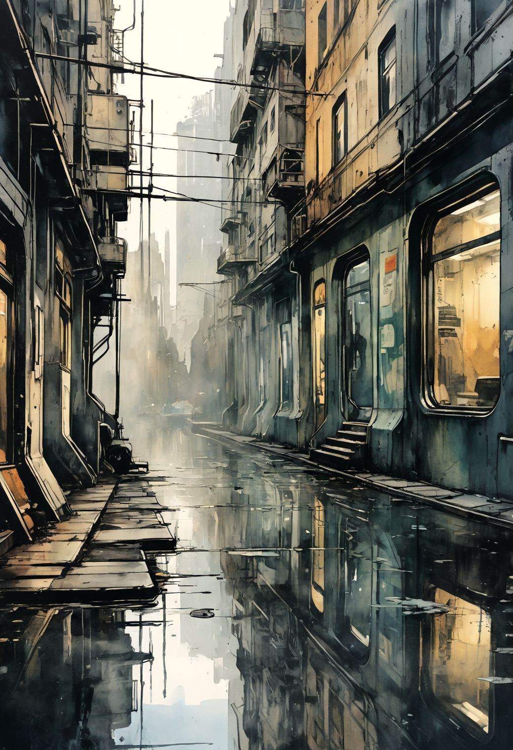 abstraction,  collage,  a sketch of a glass windos reflecting a dystopian sci-fi urban metro landscape. Hyper-artistic det...