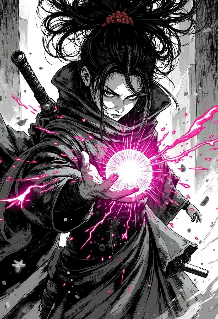 hkmagicNistyle,  Close-up of a fierce sorceress in a flowing,  high-collared mystical robe on Tensor.Art
