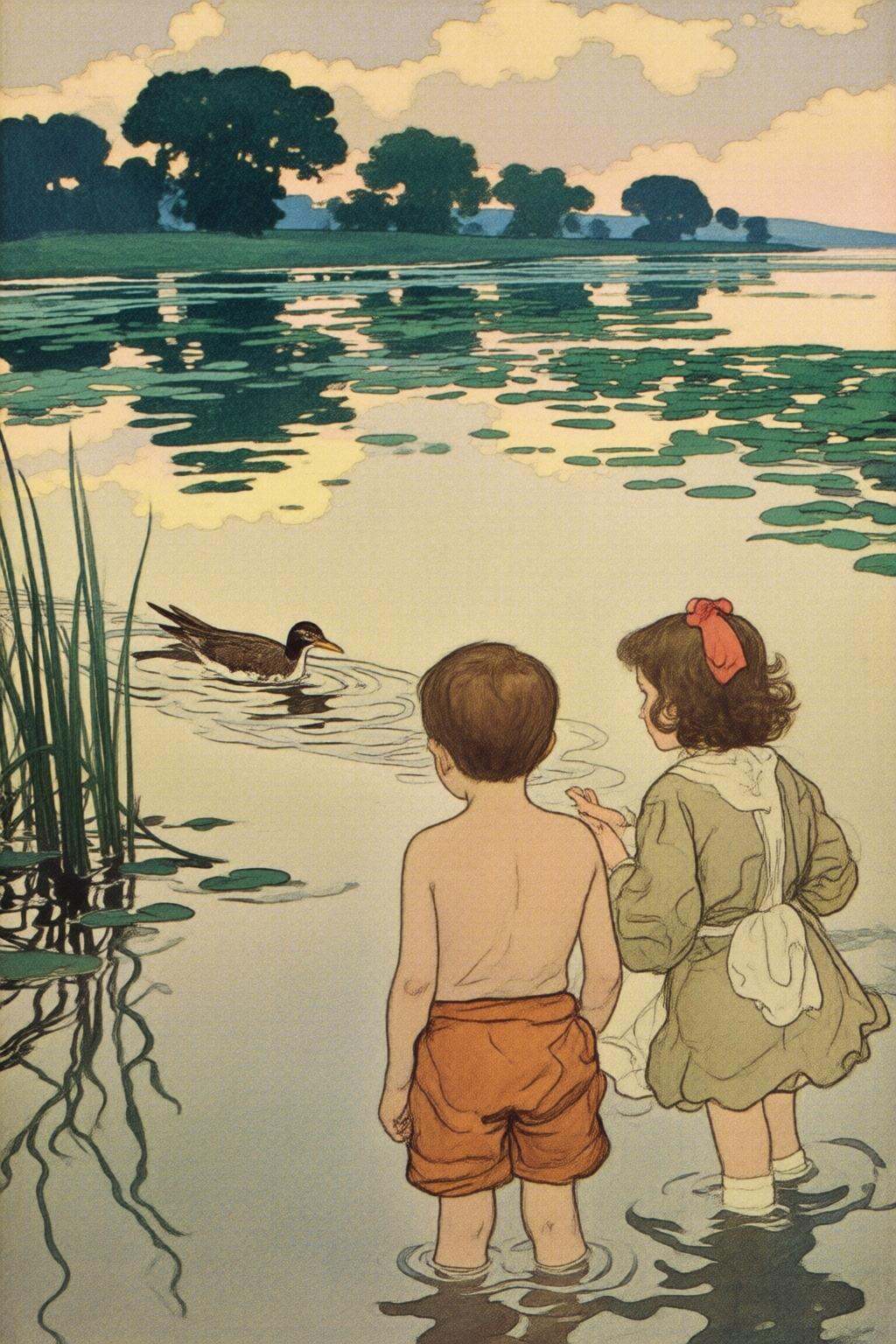 elizabethshippengreen2q illustration.Two children,  a boy and a girl,  standing at the edge of a shallow lake or pond. The...