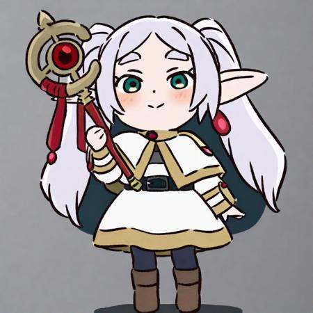 <lora:mofafulilian_ill-xl-000090:1>,1girl, frieren, pointy_ears, solo, holding, twintails, elf, white_capelet, capelet, pantyhose, green_eyes, jewelry, holding_staff, earrings, long_hair, simple_background, staff, smile, black_pantyhose, brown_footwear, grey_background, long_sleeves, white_hair, closed_mouth, dress, parted_bangs, blush, boots, belt, shirt, skirt, white_skirt