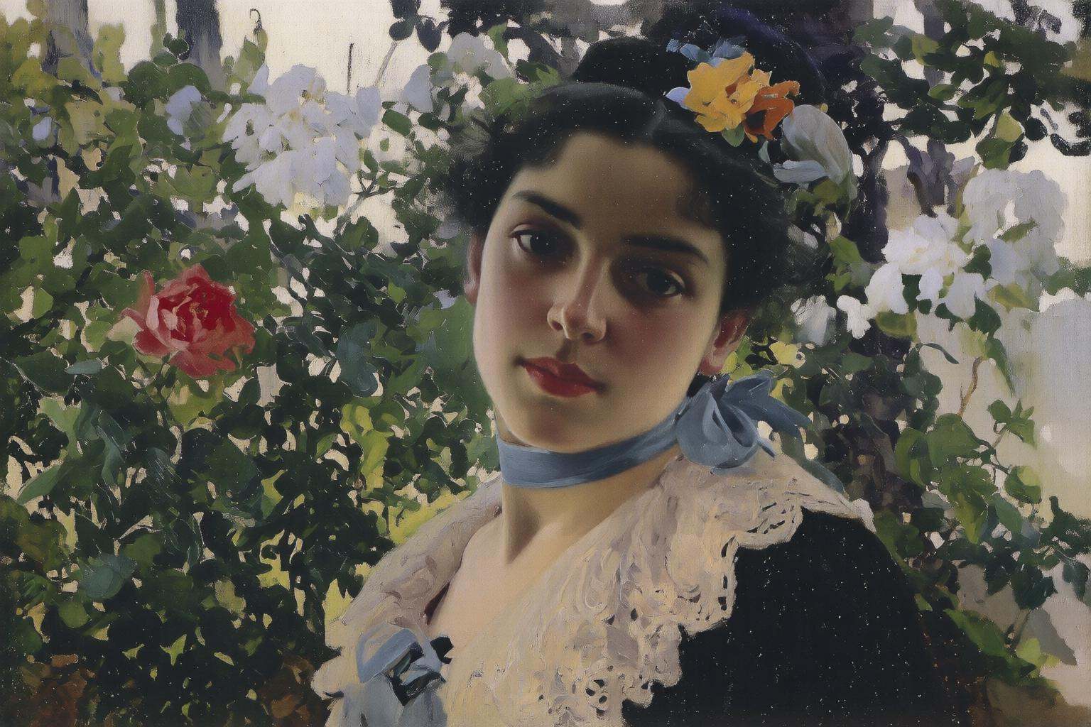 joaquinsorolla3q painting.A close-up of a young Spanish woman's face. She is facing the viewer directly and her head is ti...