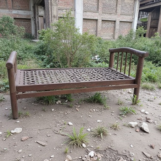 Iron bed,  rusty patina,  propped up on one end and leaning against the wall of a Derelict and abandoned factory interior...