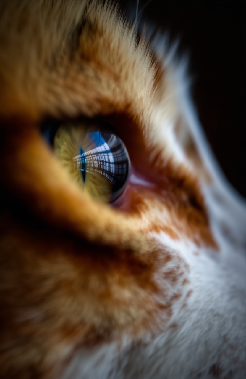Close-up photograph of a cat's eye focusing on the detailed texture of the fur and the reflective surface of the eye. The...