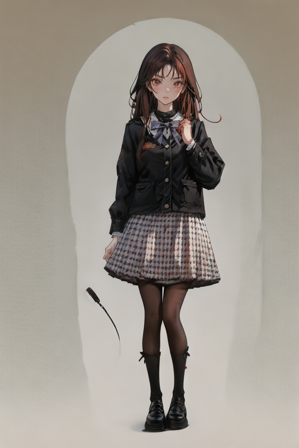 cinematic photo (illustration:1.1),official wallpaper,.,<lora:1幼+2or成熟-2 Mature-Cute:0.25>,<lora:2细节SYK_Mild detail adjuster_V1.0_256（MAX）:0.55>,.,.,.,full body,.,solo,pantyhose,.,.,sundress,red eyes,red hair,<lora:dating_attire_style5_v1:0.7>,dating attire,bow,jacket,skirt,pantyhose,bow socks,black footwear, . 35mm photograph, film, bokeh, professional, 4k, highly detailed