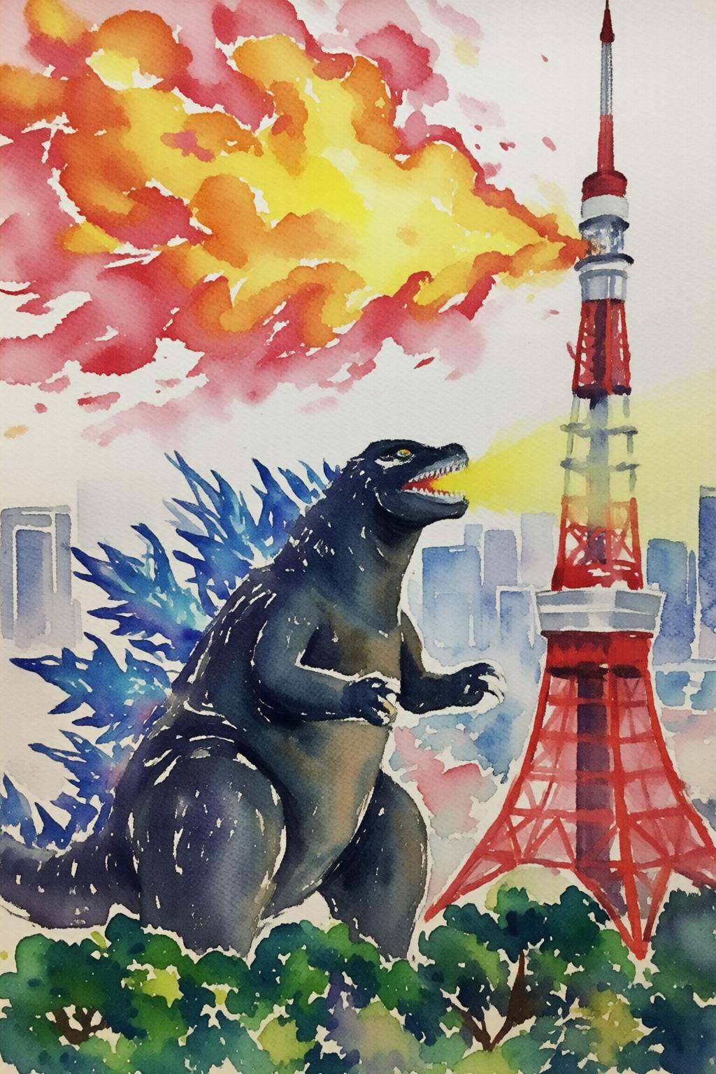 watercolorbasic2q watercolor painting.Godzilla breathing fire on Tokyo Tower on Tensor.Art