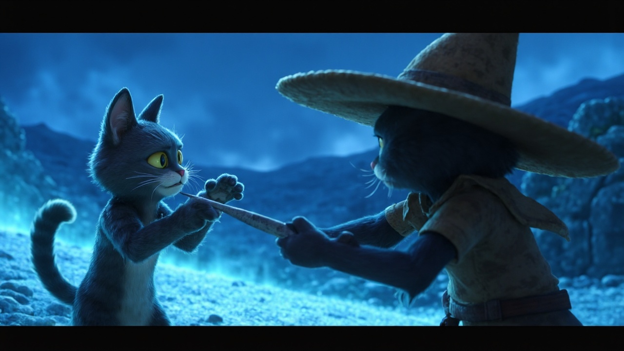 An animated scene of a cat-like adventurer with a wide-brimmed hat,  caught in a tense standoff. Its paws are raised defen...