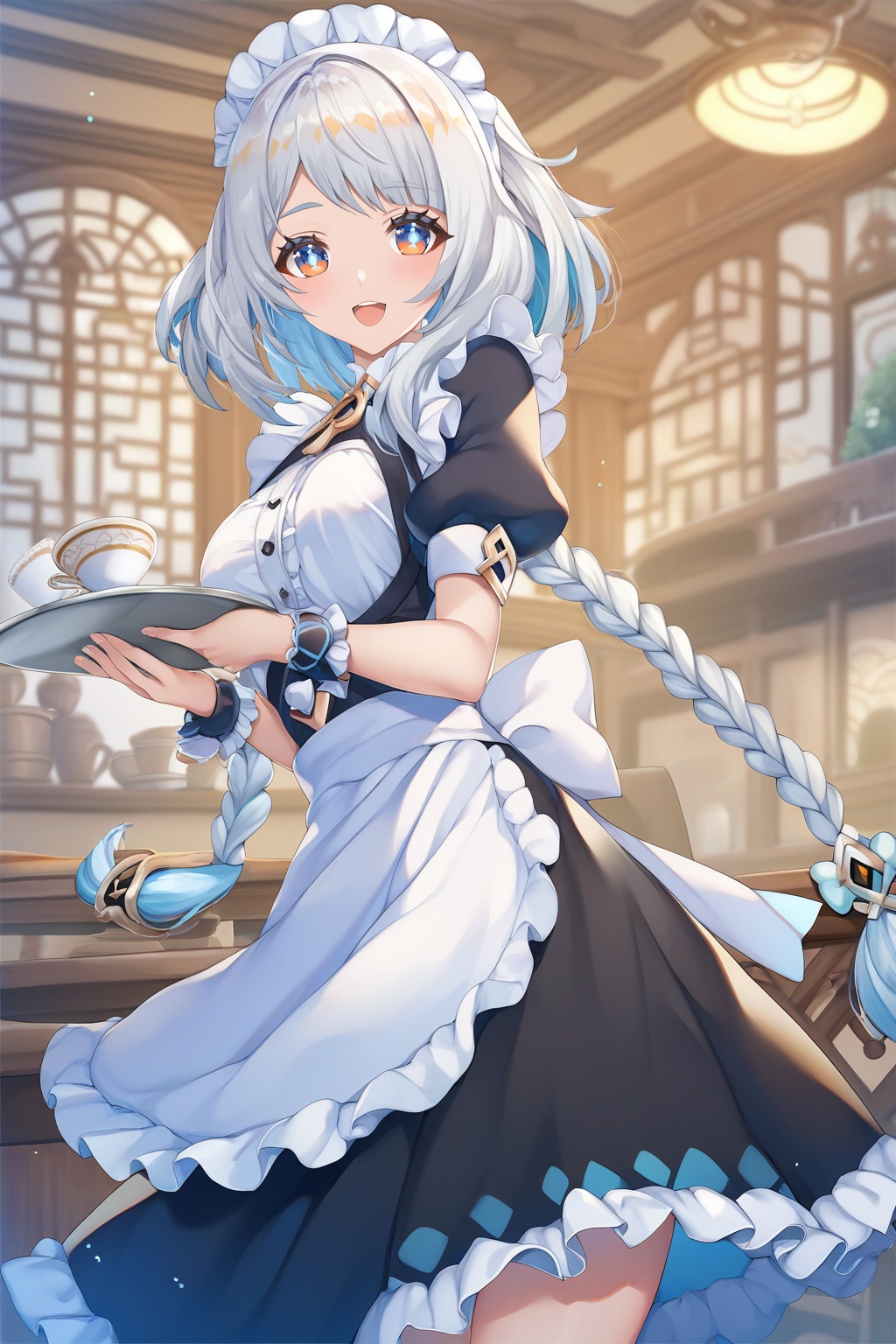score_9,score_8_up,score_7_up,score_6_up,score_5_up,score_4_up,source_anime,source_cartoon,<lora:mualaniTUPONYXL-000001:0.7>,mualani \(genshin impact\),1girl,solo,apron,white hair,maid,breasts,cup,looking at viewer,smile,indoors,short sleeves,wrist cuffs,long hair,frills,maid headdress,dress,puffy sleeves,twin braids,multicolored hair,holding,white hair,puffy short sleeves,open mouth,skirt hold,maid apron,teacup,flower,tray,blurry background,white apron,black dress,blurry,