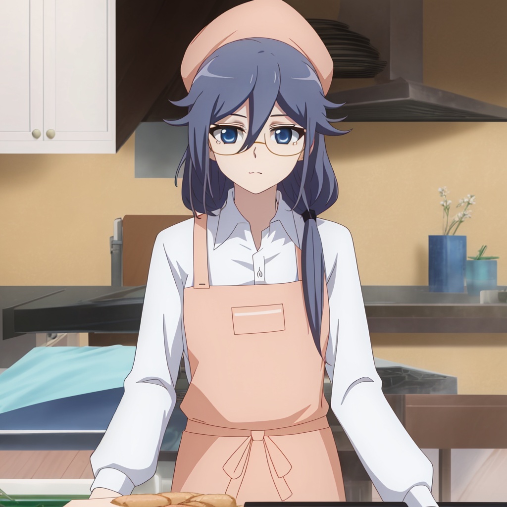 apron, glasses, fu hua, low twintails, eyelashes, tied hair, very long hair, grey hair, white shirt, under-rim eyewear, semi-rimless eyewear, blue eyes, hair between eyes, hat, collared shirt<lora:符华-餐桌-**:0.8>