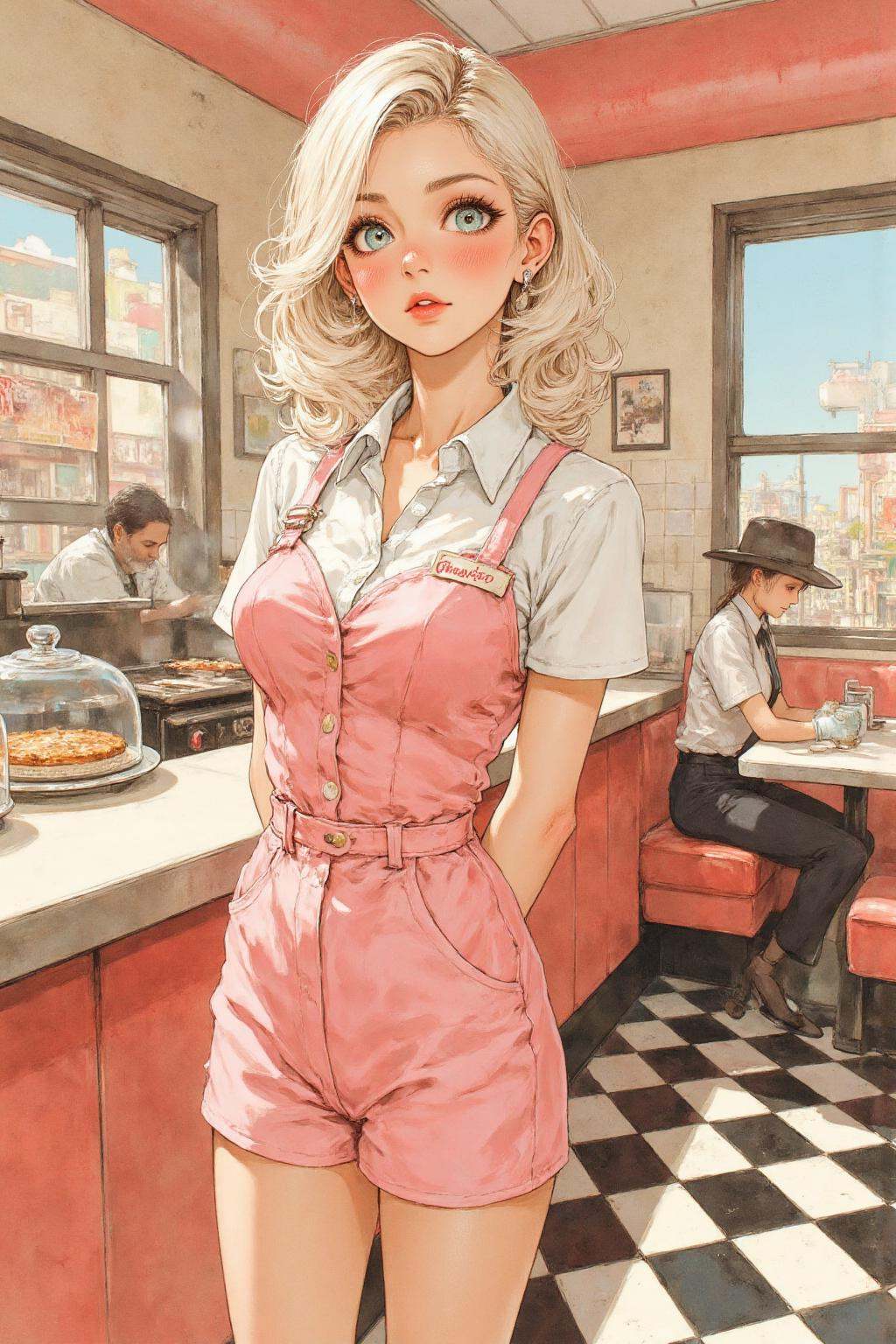 nijiwatercolor1q anime illustration.A waitress named Chastity standing behind the formica counter of a sun-drenched,  clas...