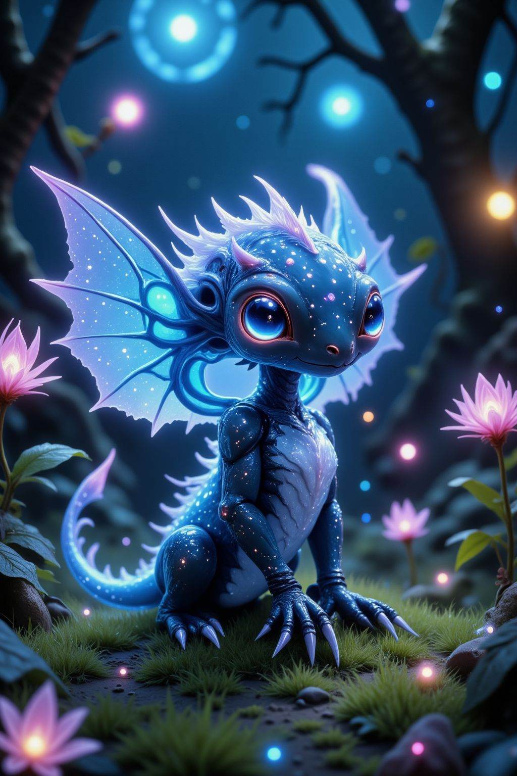 The image depicts a small,  fantastical creature resembling a dragon or a dragon-like being,  sitting on a grassy surface...