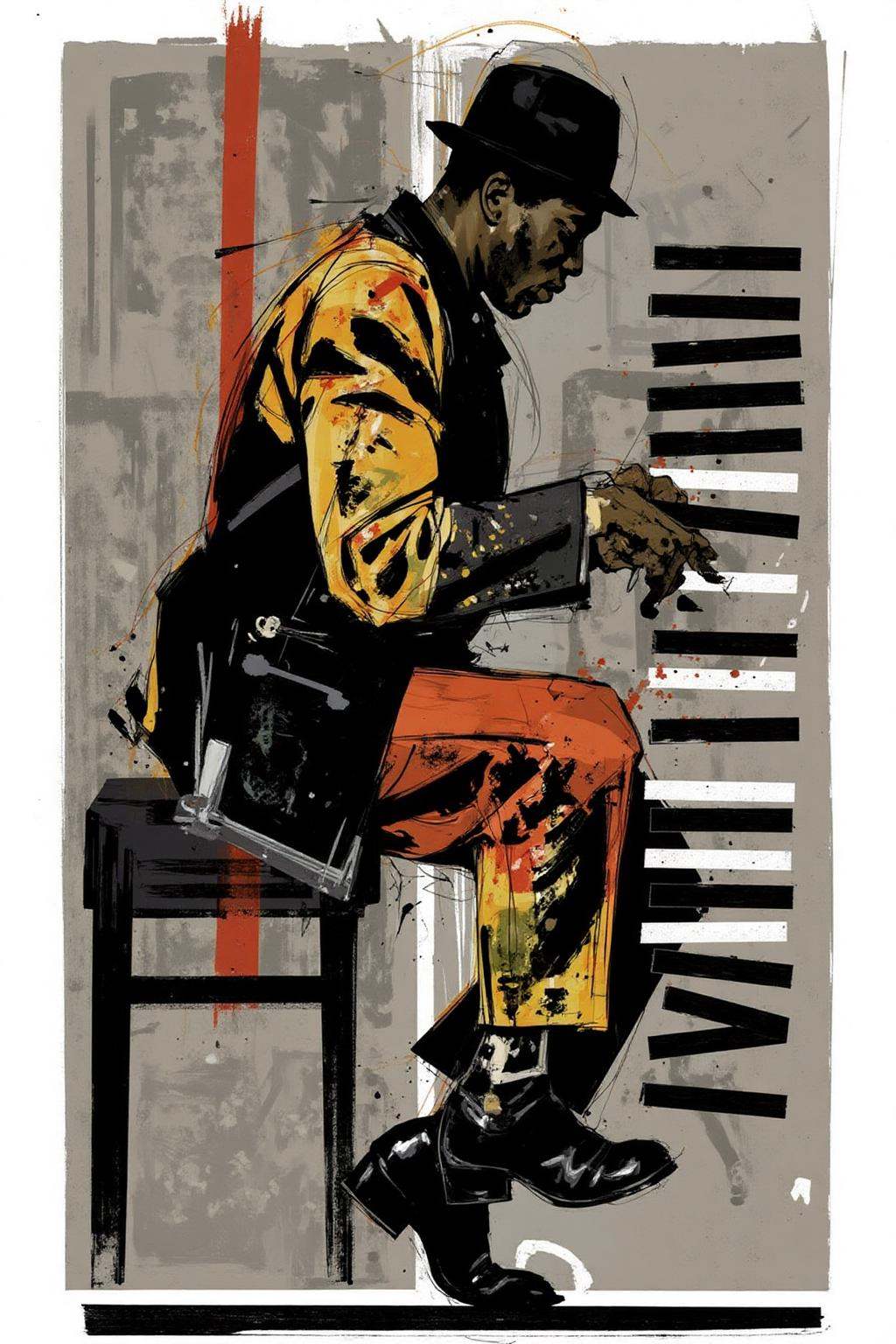 poster illustration.An African American musician,  shown in side profile,  is playing a piano. He is wearing a yellow jack...