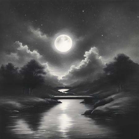 ArsMJStyle,  Zen Ink Wash Sumi-e,  A black and white photo of a river with a full moon in the sky. on Tensor.Art