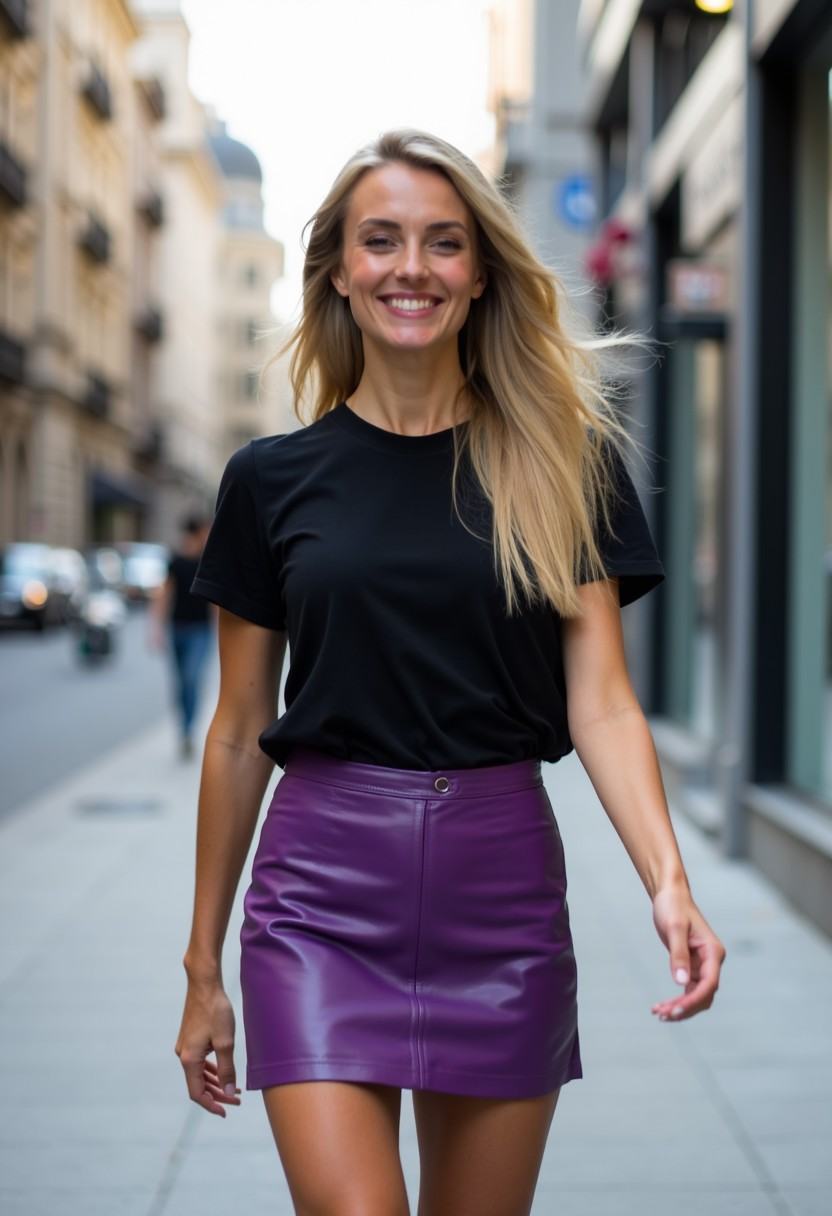 A woman with long blond hair hair smiles as she walks down a downtown street wearing a black t-shirt and purple leather mi...